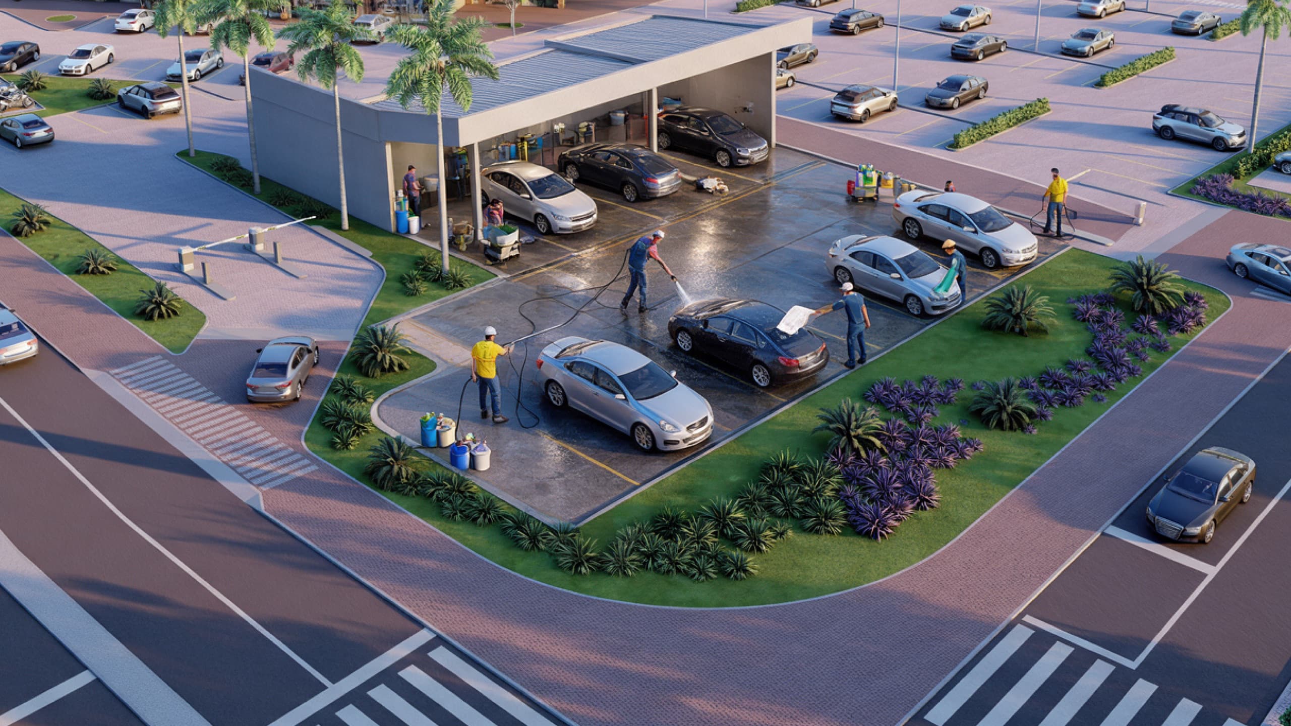 Vista aérea da Auto Wash no estacionamento do Vita Park, com carros sendo lavados sob a cobertura e jardins ao redor