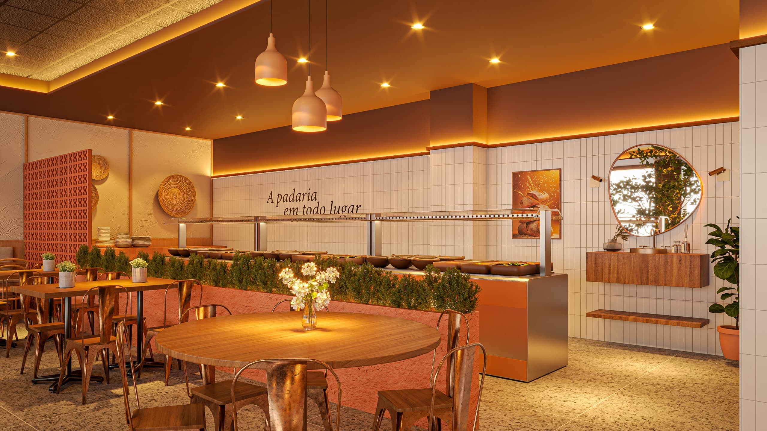 Salão do Empório do Pão com mesas de madeira, luminárias pendentes, buffet ao fundo e a frase A padaria em todo lugar na parede