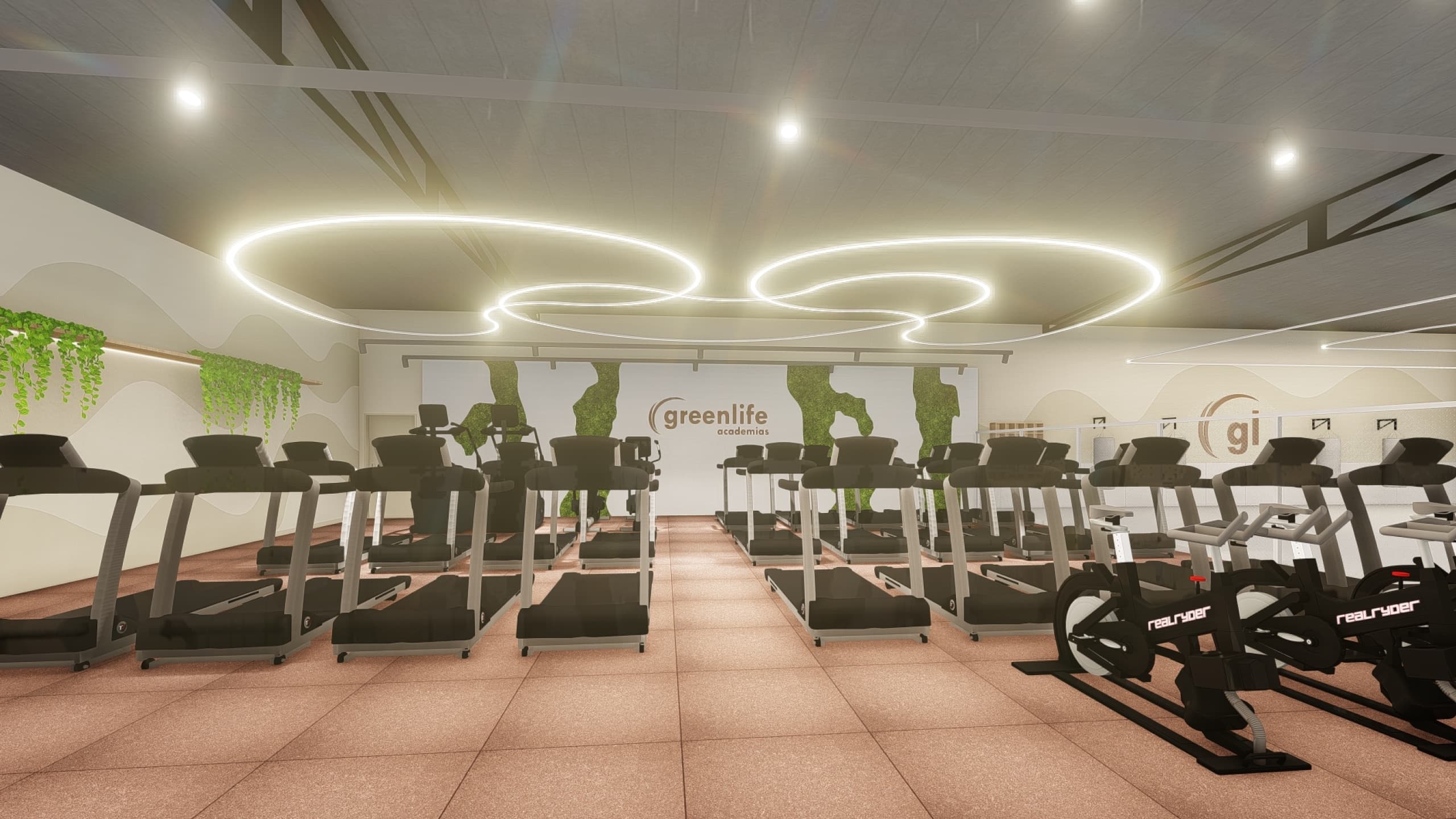 Sala de esteiras e bikes da Greenlife Academias com luzes circulares no teto, jardim vertical e o logo da academia ao fundo