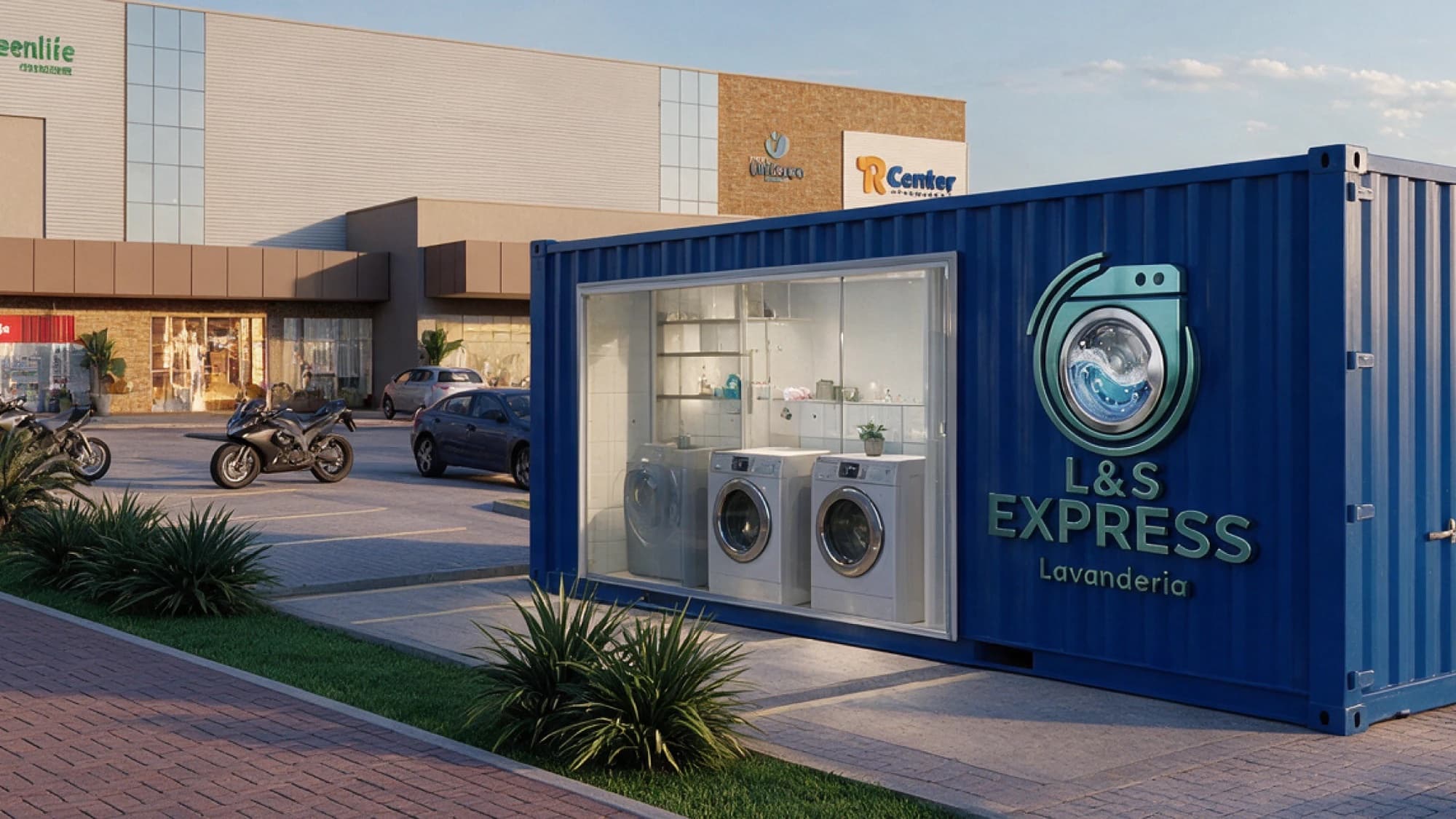 Contêiner azul da L&S Express Lavanderia no Vita Park, com máquinas de lavar à vista pela vitrine e o logo na lateral