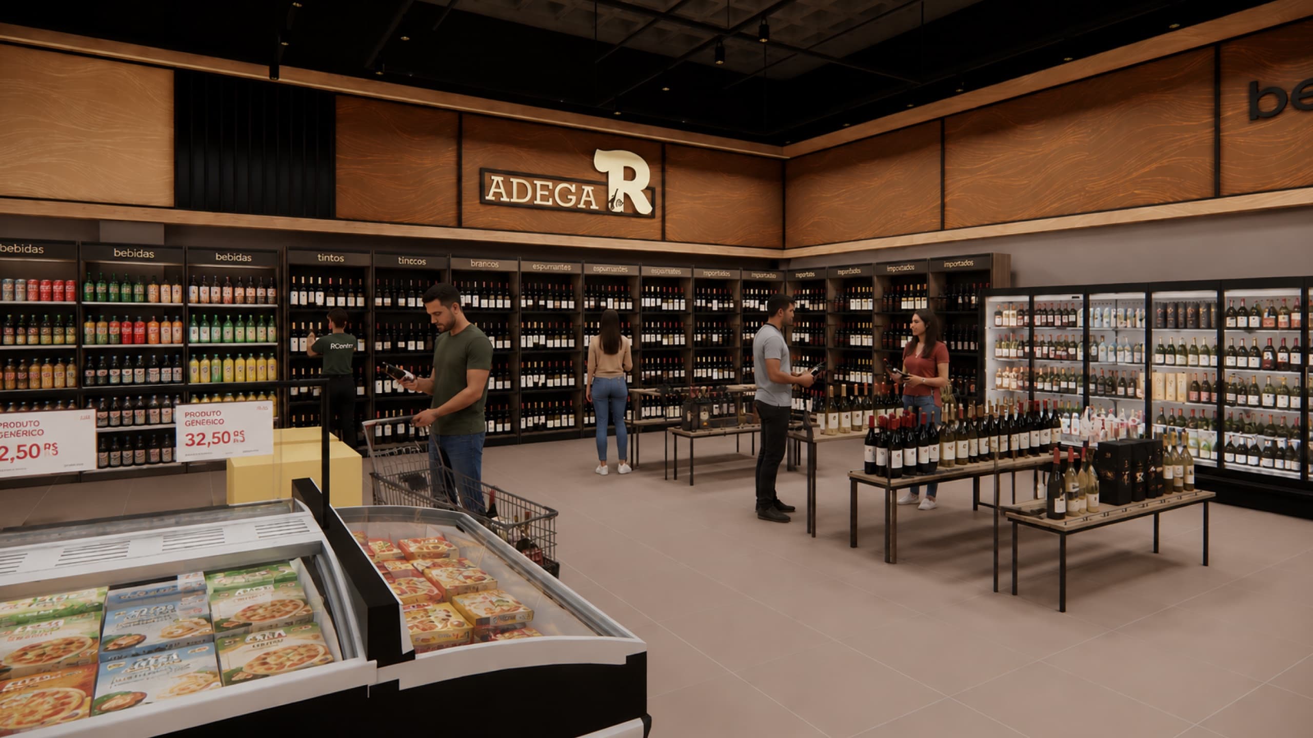 Adega do R dentro do R Center Eusébio, com paredes de vinhos, ilhas de ofertas e clientes escolhendo bebidas