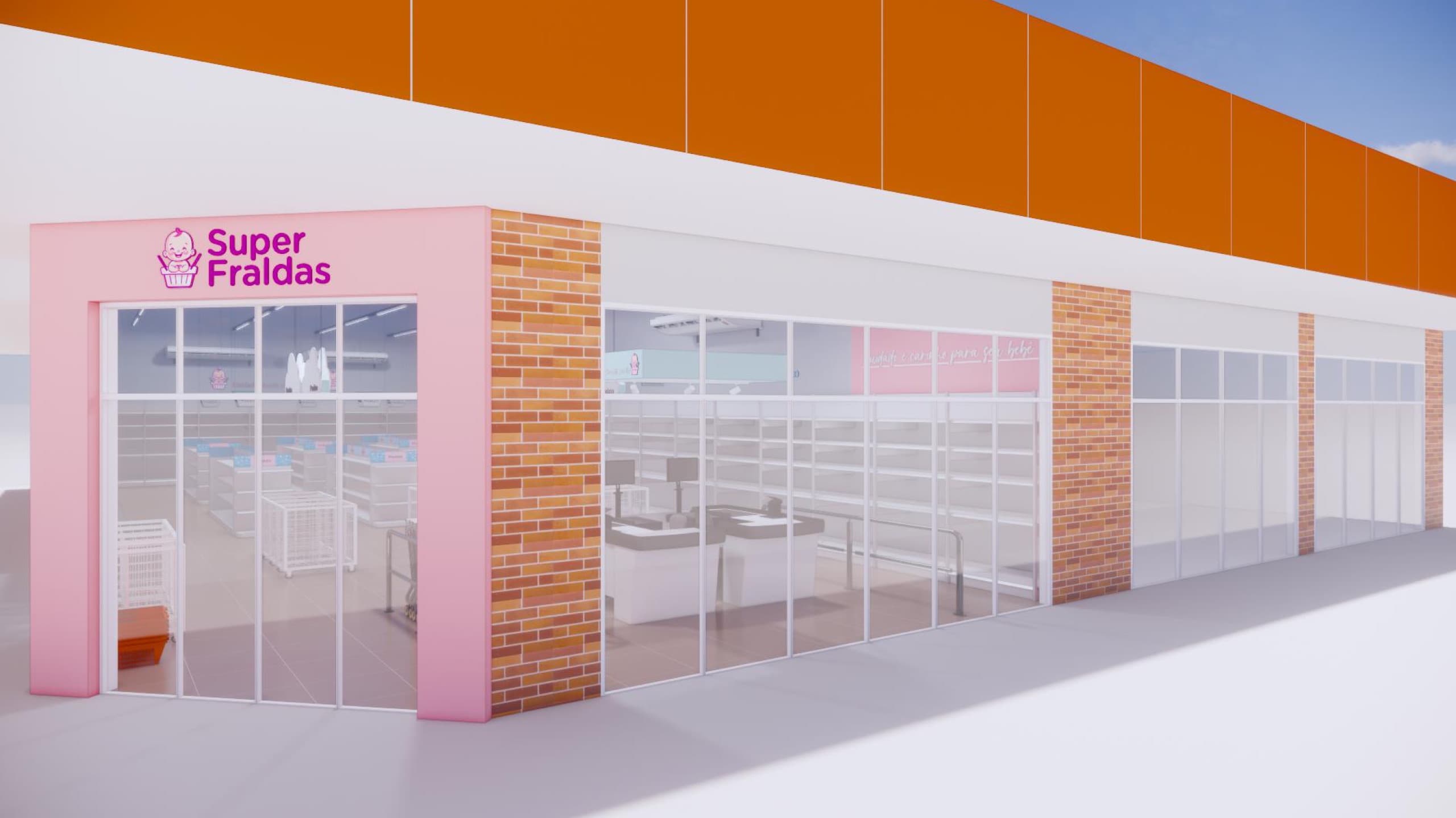 Fachada rosa da Super Fraldas no Vita Park, com o logo da loja sobre a entrada de vidro