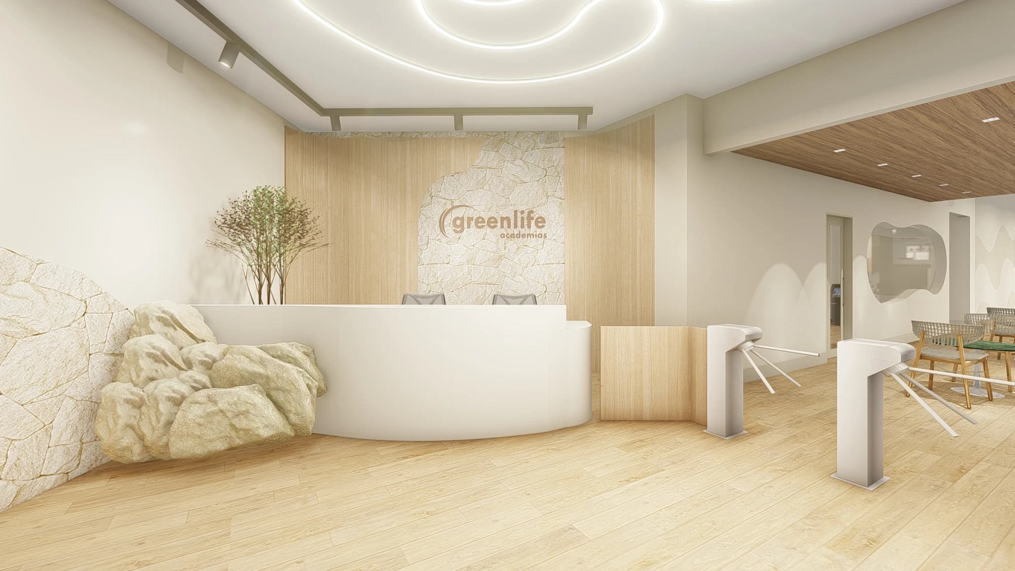 Recepção da Greenlife Academias com balcão branco curvo, parede de pedra com o logo, catracas e piso de madeira clara