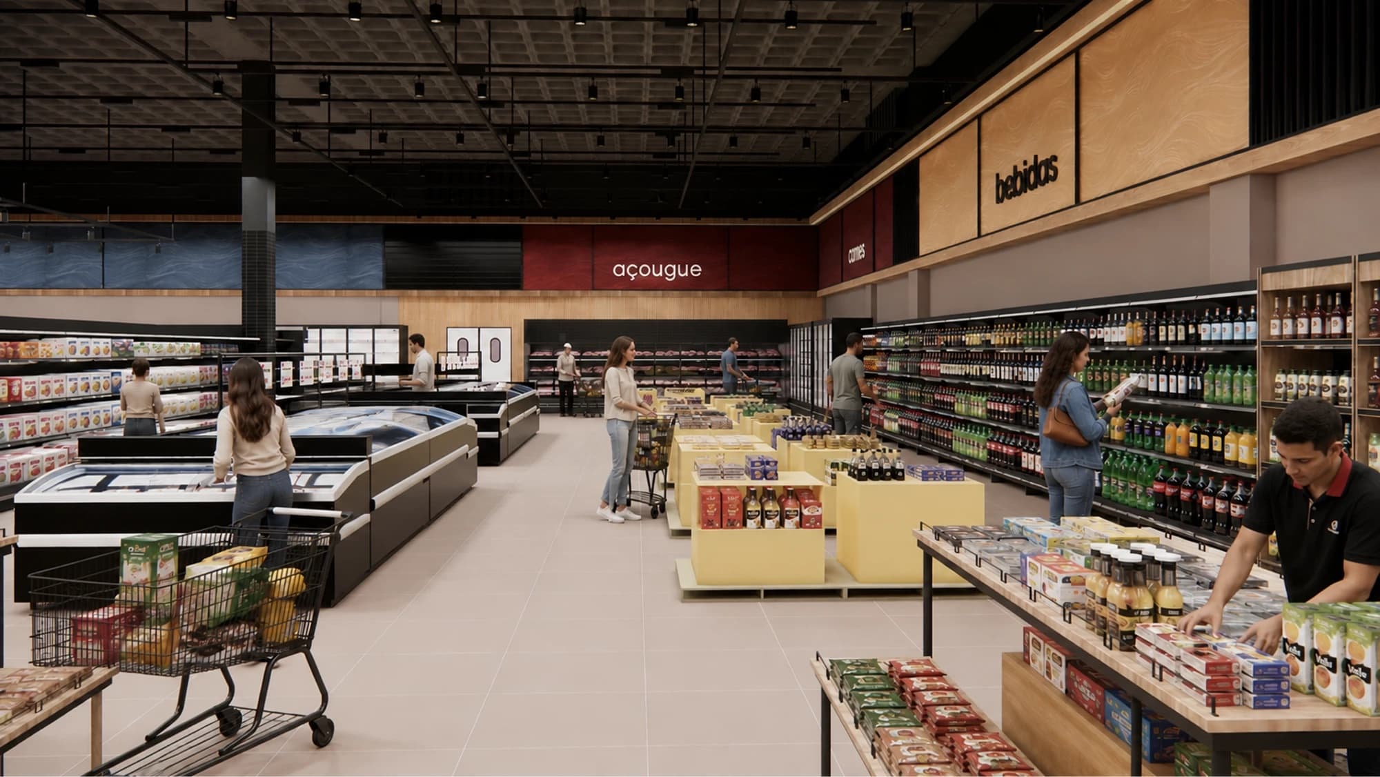 Corredor do R Center Eusébio com o açougue ao fundo, parede de bebidas, ilhas de ofertas e clientes fazendo compras