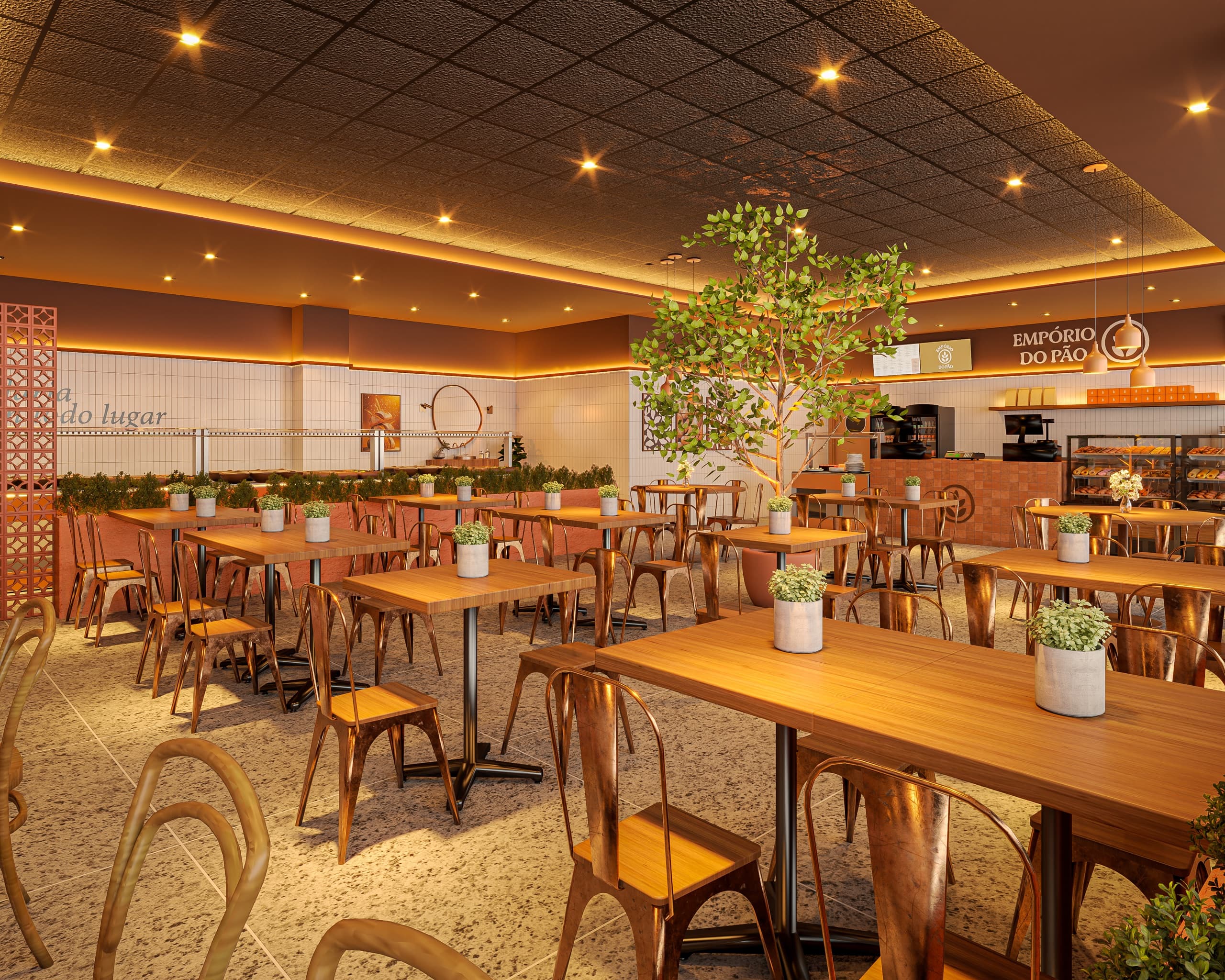 Salão do Empório do Pão com mesas de madeira, uma árvore no centro, o buffet ao fundo e o balcão com o logo da padaria