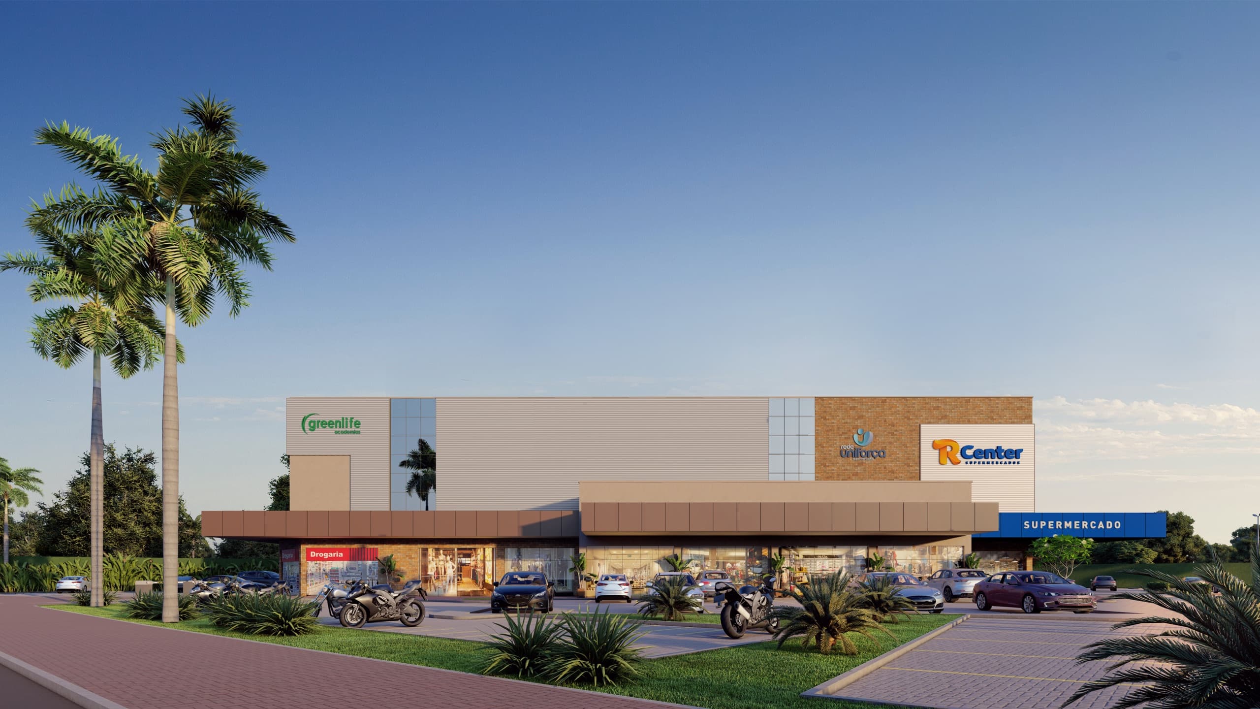 Fachada principal do Vita Park Mall com a Greenlife, as lojas e o R Center
