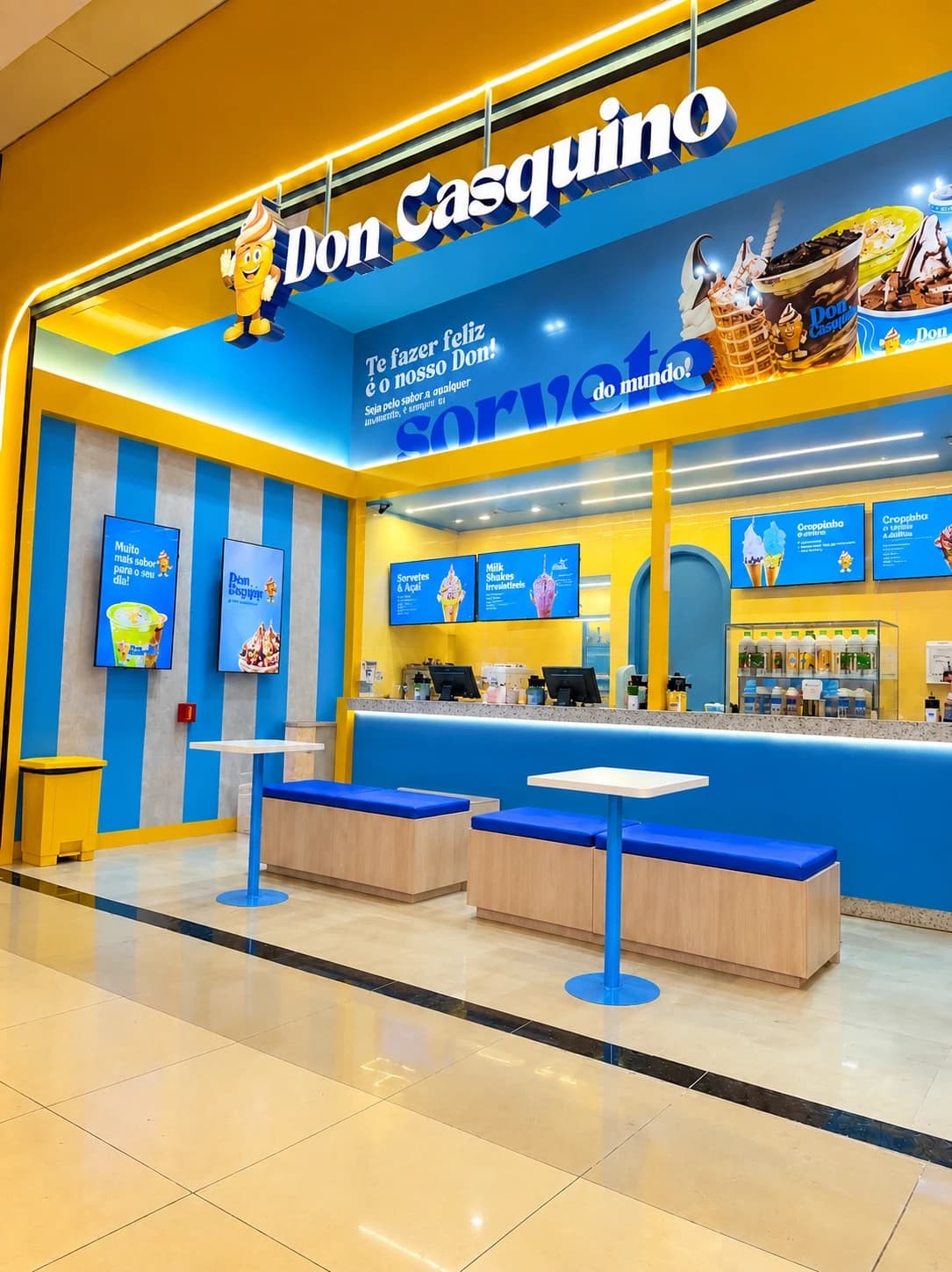 Quiosque Don Casquino em azul e amarelo, com o mascote de casquinha, telas de cardápio, balcão e bancos