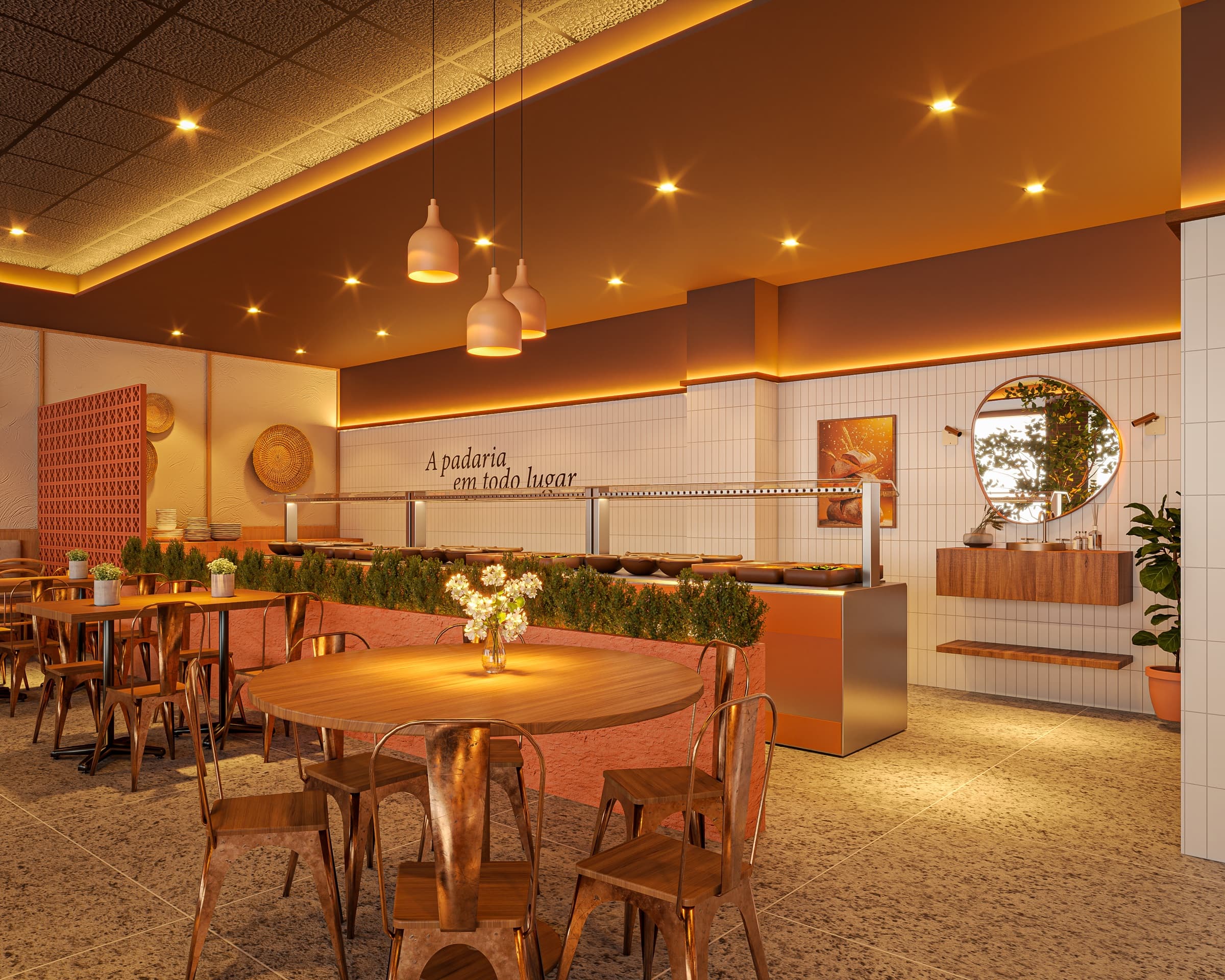 Mesas do Empório do Pão perto do buffet, com luminárias pendentes e a frase A padaria em todo lugar na parede