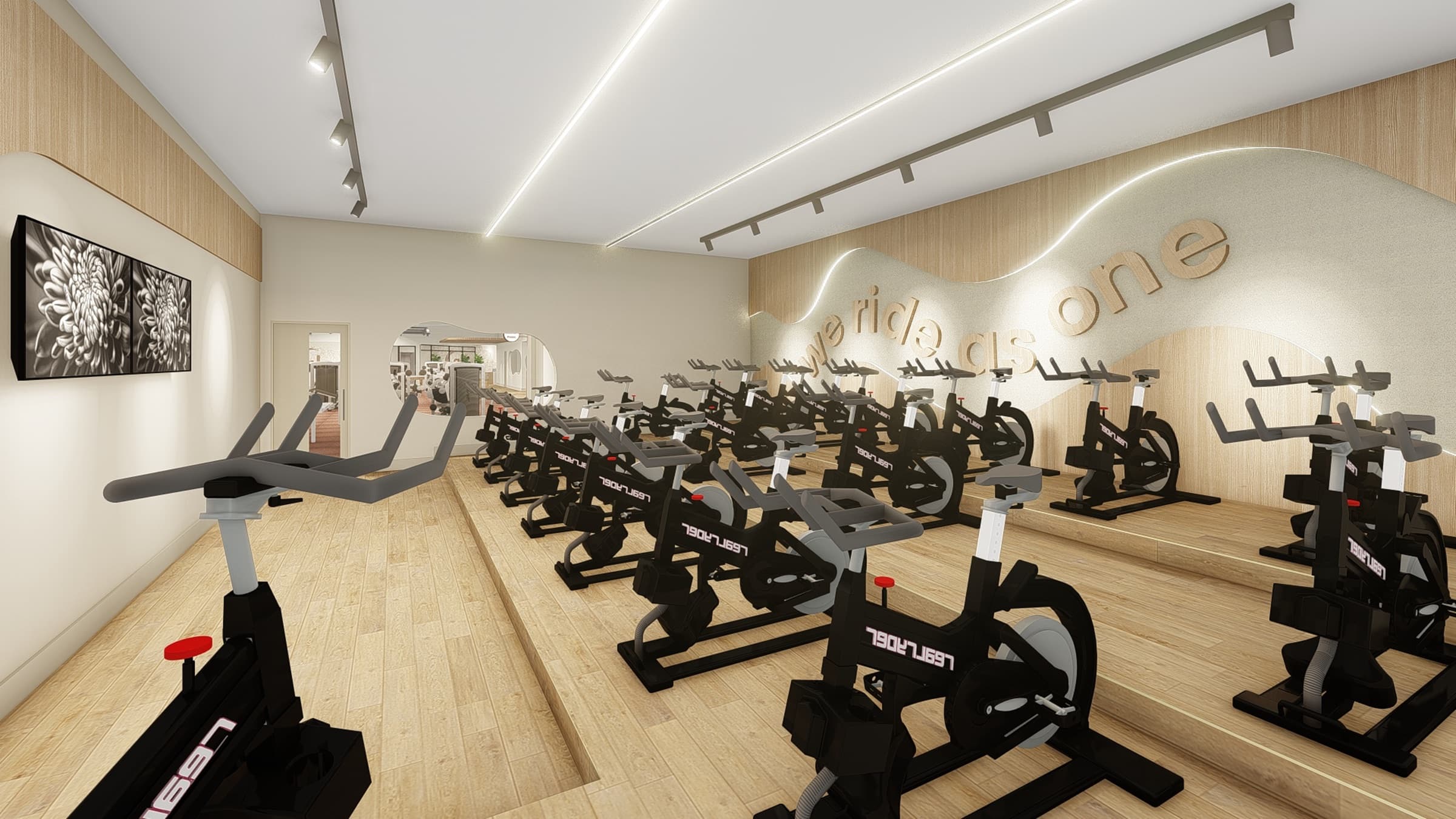 Estúdio de bike indoor com bicicletas em fileiras sobre piso de madeira