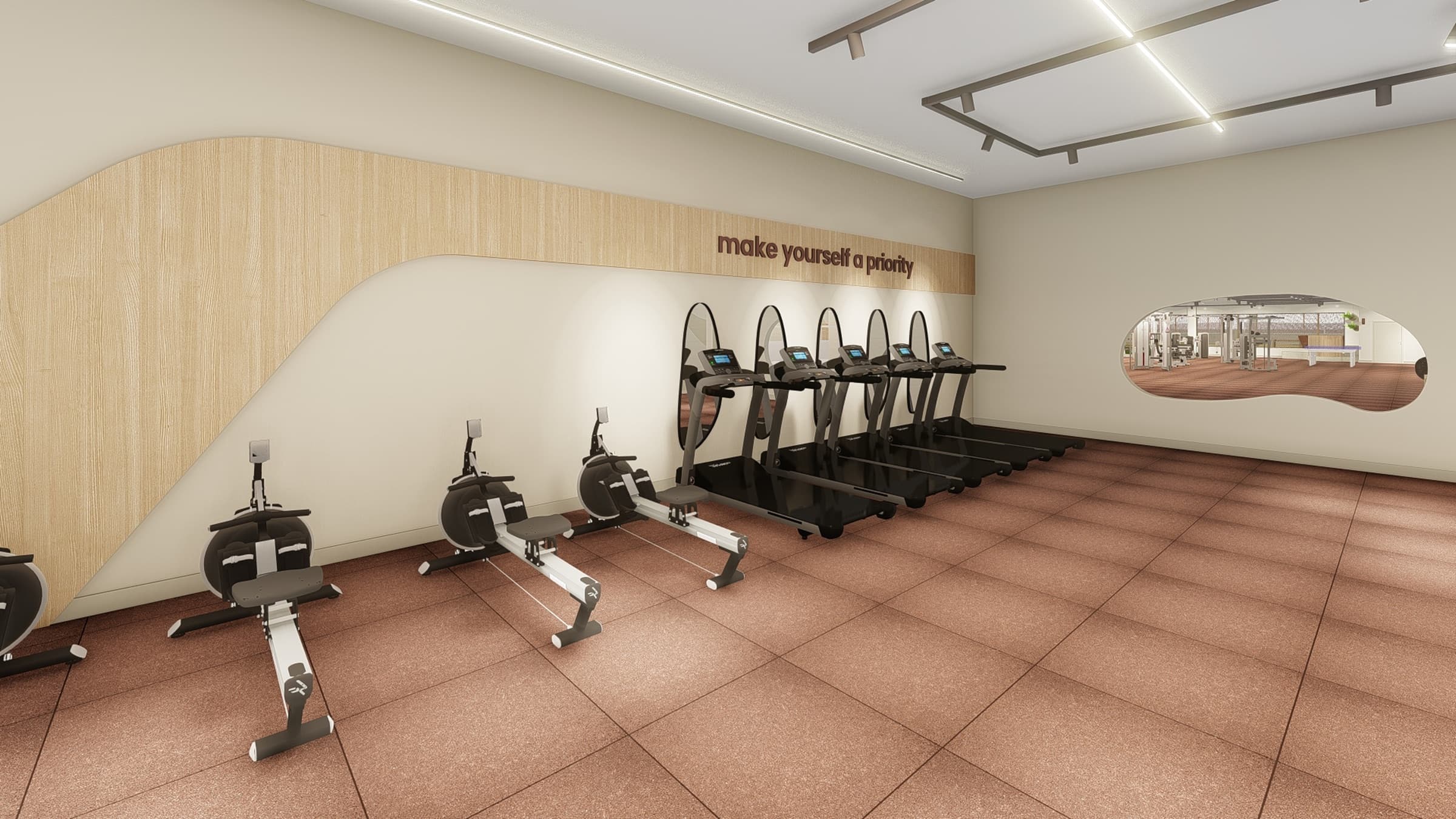 Área de cardio com remos ergométricos e esteiras