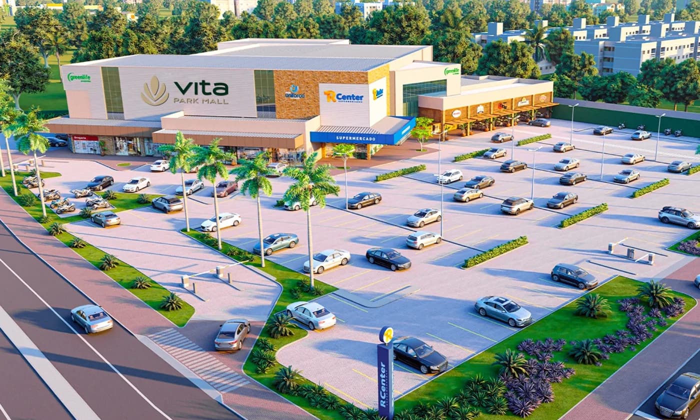 Vista aérea do Vita Park Mall com o prédio principal, o R Center, a ala de alimentação e o estacionamento em frente