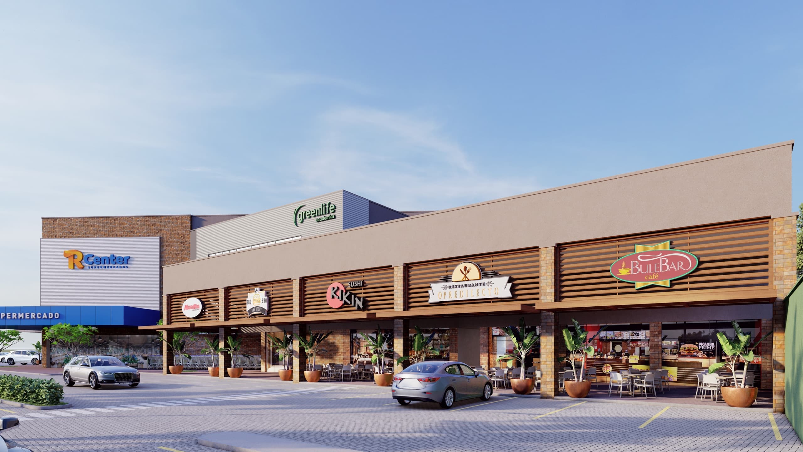 Fileira de lojas do Vita Park Mall com toldos de madeira e mesas na calçada